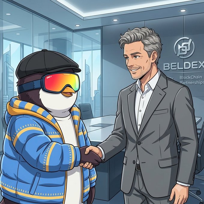 A digital illustration shows a penguin wearing ski goggles, a blue jacket, and a cap shaking hands with a grey-haired businessman in a sleek office with 'BELDEX BlockChain Partnerships' behind him.