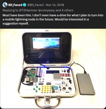 A November 2018 tweet from Bit_Faced (@Bit_Faced) replying to T2Hammer (@coinzeezy) showing a briefcase containing electronics with a small monitor and keyboard, with the text discussing plans for a mobile lightning node.