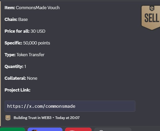 A screenshot displays a product listing for a "CommonsMade Vouch" token on the Base chain, priced at 30 USD for 50,000 points via Token Transfer, with a link to x.com/commonsmade. The listing relates to the accompanying post about the "gvouch" airdrop, suggesting a quick way to claim points associated with the CommonsMade project rather than farming them.