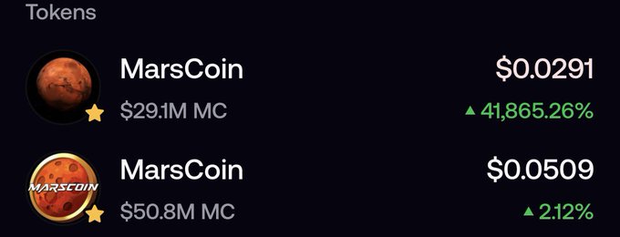 The image shows two cryptocurrency tokens both named "MarsCoin" listed on a tracker: one with a $29.1M market cap at $0.0291 (up 41,865.26%) and another with a $50.8M market cap at $0.0509 (up 2.12%), visually supporting the post's claim that the newer "vamp" MarsCoin is approaching flipping the original OG MarsCoin in market cap.