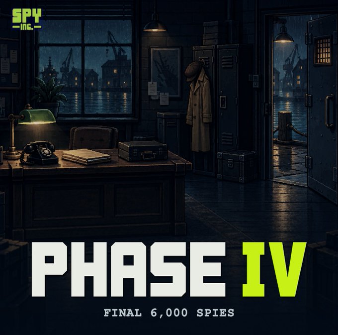 A moody, noir-style illustration of a dimly lit office with a wooden desk, old telephone, trench coat, and a view of a rainy harbor through a window, with text reading "SPY INC.", "PHASE IV" and "FINAL 6,000 SPIES".