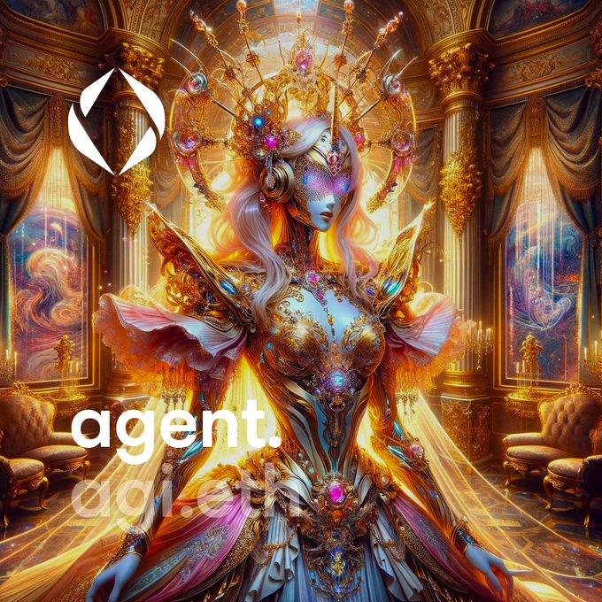 An ornate, baroque-style digital artwork of an elaborate cyborg or fantasy queen with golden armor and a jeweled headdress, overlaid with a logo and the word "agent."