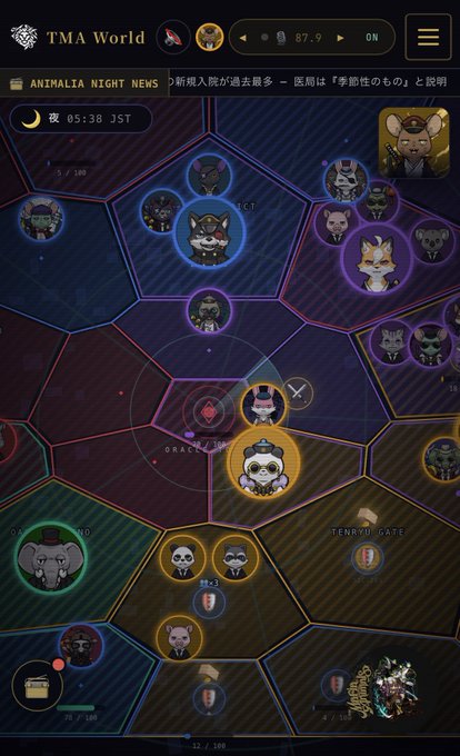 A screenshot of the mobile game 'TMA World' showing an 'ANIMALIA NIGHT NEWS' map with various animal character tokens placed in a hexagonal grid.