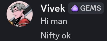 A Discord message from user "Vivek" with a GEMS badge reads "Hi man" followed by "Nifty ok," greeting a collaborator in relation to the posted message about welcoming users "home to Ethereum" and thanking Gurpreet for a smooth collaboration with the NiftyShield community around NFTs.