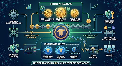 An infographic illustrates Pi Network's proposed multi-tiered economy, distinguishing "Mined Pi (Native)" coins with full purchasing power, governance rights, and provenance tracking from "Exchange Units (Fractional)" limited to trading liquidity. The diagram highlights the Protocol v26 and v27 upgrades as technical mechanisms to enforce this separation, alongside features like Soroban smart contracts, ZK-proofs (private), cross-chain interoperability, and state archival.