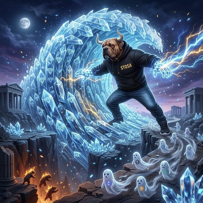A fantasy illustration of a horned bulldog-like figure in a hoodie labeled "$TOSA" wielding lightning, standing before a massive crystal wave with glowing ghost figures below.