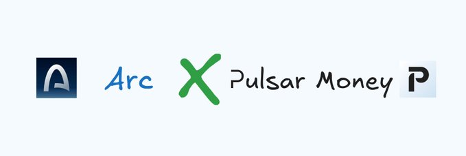 Four cryptocurrency logos displayed in a row: a dark 'A' logo, the 'Arc' logo, a green 'X' (CrossCurve), and the 'Pulsar Money' logo with a 'P'.