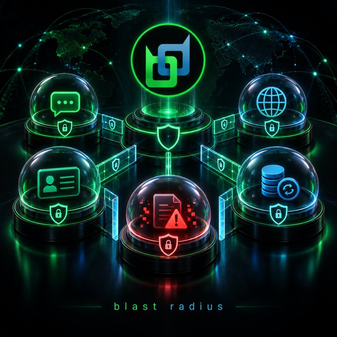 A futuristic digital illustration labeled 'blast radius' showing interconnected security shield icons protecting various data elements like messages, ID cards, databases, and documents, with a central hub displaying a red warning alert.