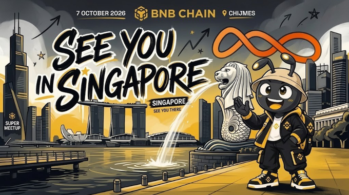 A promotional graphic reading 'SEE YOU IN SINGAPORE' with '7 OCTOBER 2026', 'BNB CHAIN', 'CHIJMES', and 'SUPER MEETUP', featuring a BNB mascot and the Merlion statue against a Singapore skyline.
