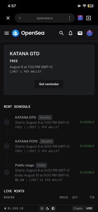A mobile screenshot of the OpenSea app showing a mint schedule for 'KATANA GTD' with stages including 'KATANA GTD', 'KATANA FCFS', and 'Public stage', all marked 'ELIGIBLE', with a portfolio balance of $1,919.16.