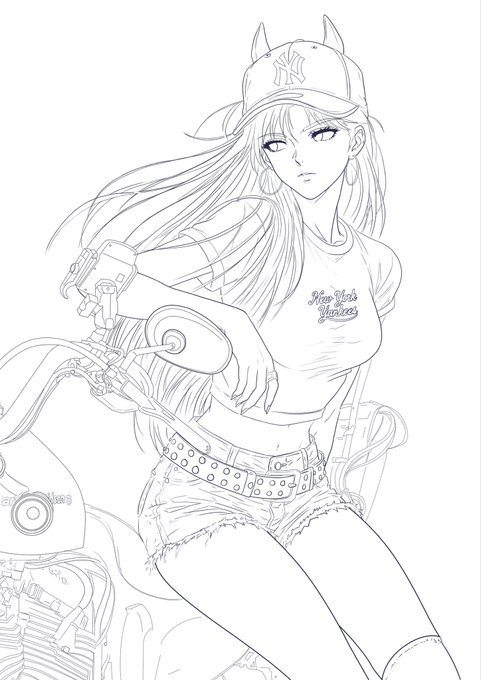 A black and white anime/manga-style line drawing of a girl with long hair, a New York Yankees cap, and a "New York Yankees" t-shirt, sitting on a motorcycle.
