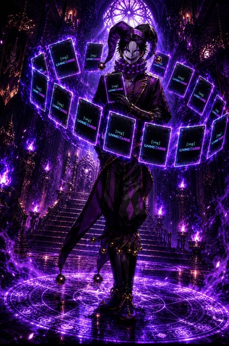Anime-style artwork of a sinister jester character in a purple and black harlequin outfit surrounded by floating playing cards labeled 'LIVING CARDS' within a mystical purple-lit gothic cathedral setting.