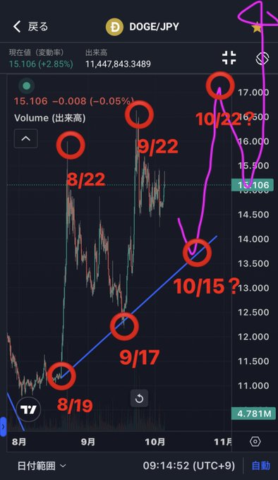 A DOGE/JPY cryptocurrency chart showing price movements from August to November, with hand-drawn red circles marking key price points on 8/19, 8/22, 9/17, 9/22, 10/15, and 10/22 (current 15.106, +2.85%), connected by a blue trendline and a pink upward arrow predicting a potential rise to 17,000.