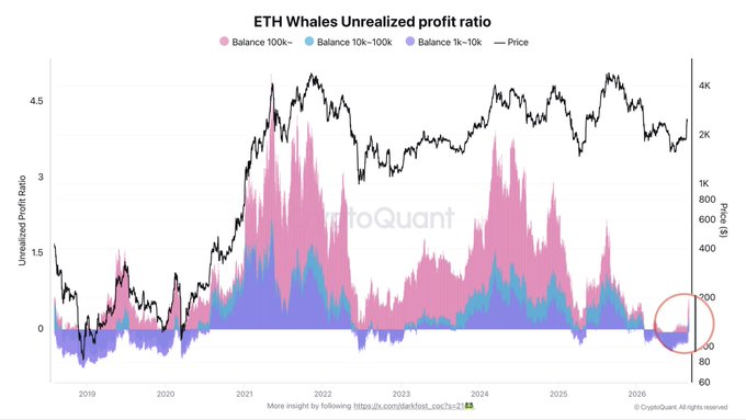 The chart "ETH Whales Unrealized profit ratio" from CryptoQuant tracks the unrealized profit ratio across three whale tiers (10k–100k, 100k+, and 1k–10k) against ETH price from 2019 to 2026, with a red circle highlighting the current ratio near 0.38. This low reading illustrates the post's point that ETH whales have just flipped back into modest profit—a "sweet spot" where holdings are profitable enough to encourage holding but not yet high enough to trigger significant selling pressure.