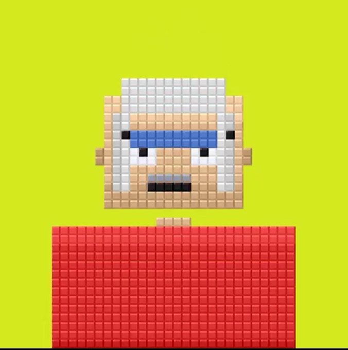 A pixel-art style portrait of a character with white hair, blue sunglasses, and a red torso against a lime green background.