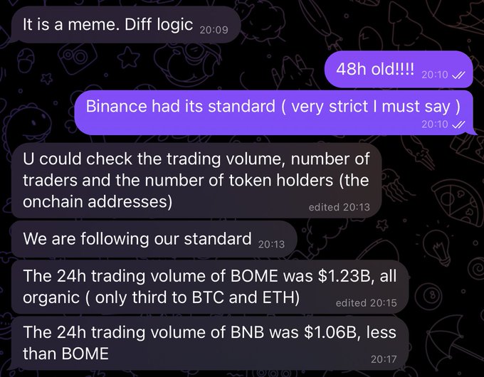 A chat conversation discussing Binance cryptocurrency trading standards, mentioning that the 24h trading volume of BOME was $1.23B and BNB was $1.06B.