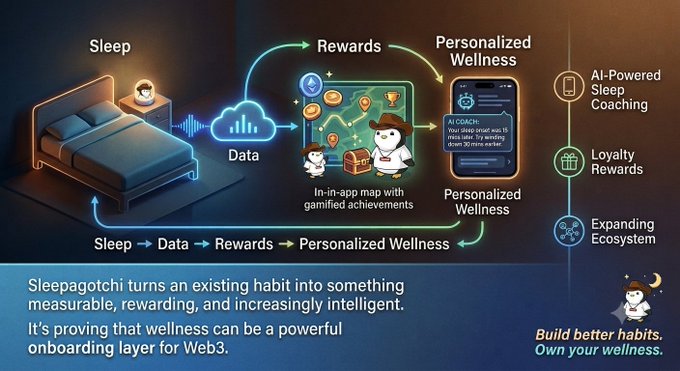 In this image, there's a cartoon-like illustration of a person using a phone while lying in bed at night. The scene includes text that talks about sleeping, personal wellness, and mobile applications. The image also shows that @sleepagotchi is an app designed for sleep management. The post suggests that the app helps users track their sleep patterns and improve their overall well-being by encouraging healthy habits. By using this app, people can create a more structured routine and get better rest at night.