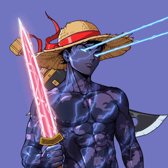 A muscular blue-skinned warrior wears a straw hat with a red band and wields a glowing red lightning sword, with blue energy beams shooting from his eyes, embodying the powerful "SolGod" NFT character. The skin's dark, crackling aura and commanding pose match the post's admiration for this striking piece in the owner's collection.