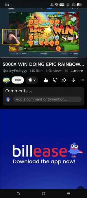 Screenshot of a YouTube video titled '5000X WIN DOING EPIC RAINBOW...' by @JuicyFruityy with 1.1K likes and 4.3K views, followed by a Billease app advertisement.