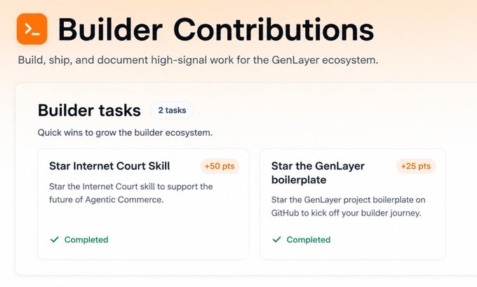 The image displays a "Builder Contributions" page on the GenLayer portal, showing two completed builder tasks: "Star Internet Court Skill" (+50 pts) and "Star the GenLayer boilerplate" (+25 pts), aligning with the post's announcement of an easy 50-point reward for completing the Internet Court Skill star task.