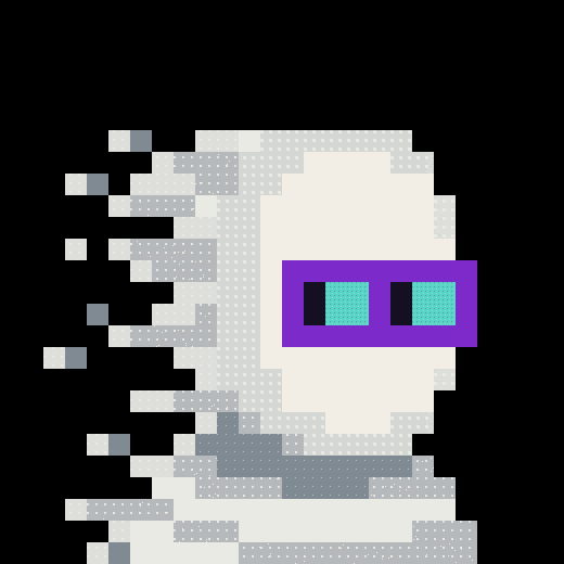 A pixel art image depicts a ghostly white figure wearing a purple and cyan visor/goggles, with a fragmented, dissolving pixel effect on the left side.