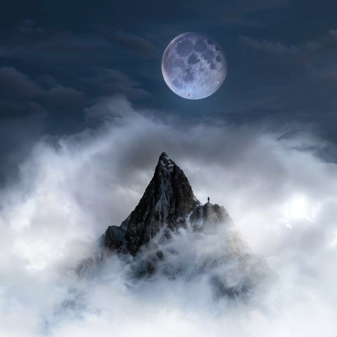 A digital artwork depicting a lone figure standing atop a sharp mountain peak surrounded by swirling clouds, with a large detailed moon in the sky above.