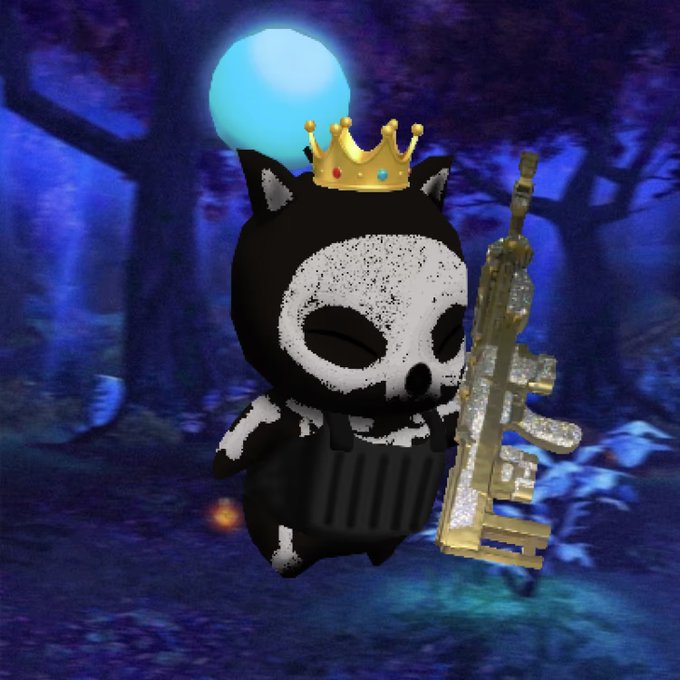 A 3D skeleton character wearing a black cat-like hoodie and a golden crown, holding a golden rifle, set against a spooky blue forest background.