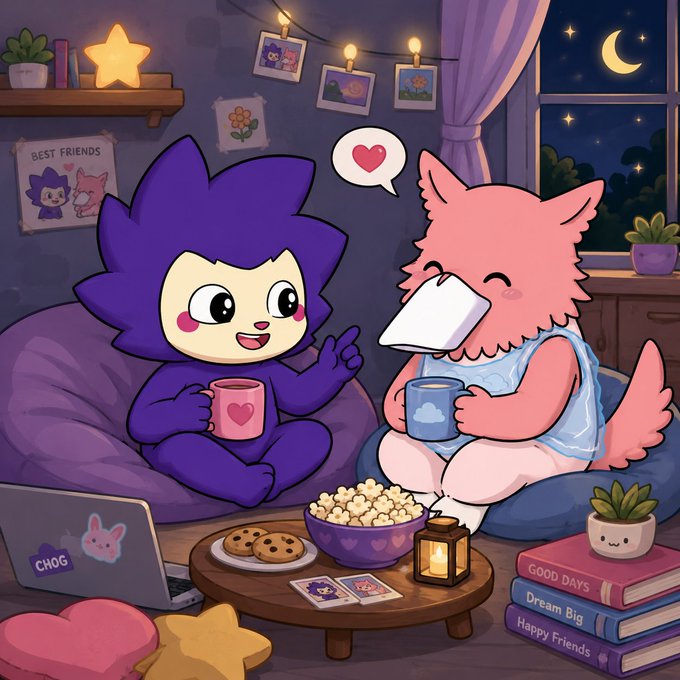 A colorful cartoon illustration of two cute mascot characters—a purple cat and a pink bird—sitting on beanbags enjoying drinks, popcorn, and cookies in a cozy nighttime setting.