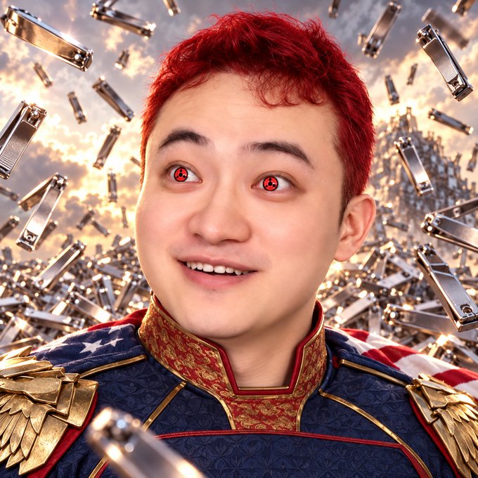 A digitally edited image of a young man with red hair and red eyes, wearing an American flag-themed military-style jacket, smiling against a cloudy sky filled with flying razor blades.