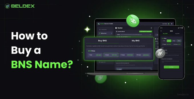 Promotional banner for "BELDEX" with the headline "How to Buy a BNS Name?", showing laptop and phone screens displaying the BNS Wallet interface for purchasing names.