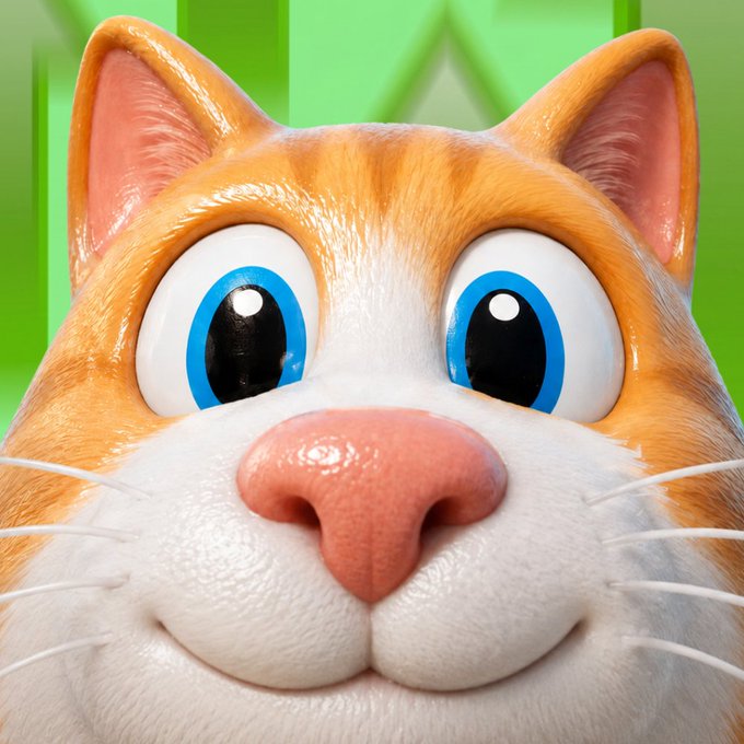 A close-up of a cheerful orange and white cartoon cat with big blue eyes and a pink nose against a green background, perfectly matching the post's playful cat-themed crypto vibe for $MOGGY during a bullish market. The cat's wide-eyed, smiling expression captures the "good market energy" and lighthearted spirit described in the caption.