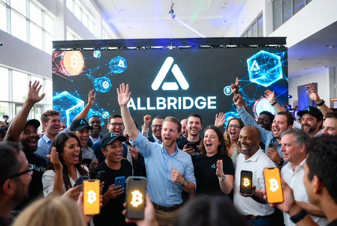 A group photo at an ALLBRIDGE event with people celebrating in front of a branded screen displaying cryptocurrency logos (Bitcoin, etc.) and the ALLBRIDGE logo.