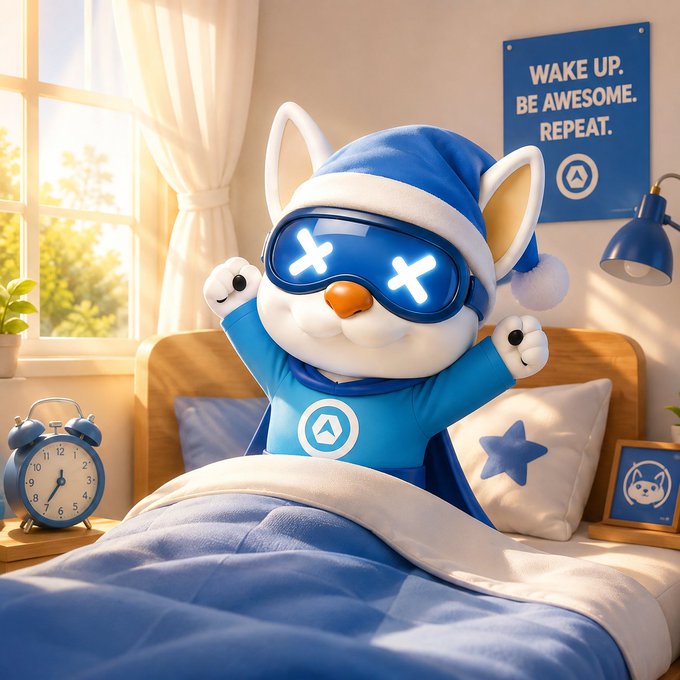 A cute 3D-rendered cartoon character wearing a blue sleeping cap and X-shaped LED goggles sits up in bed in a cozy bedroom, with a 'WAKE UP. BE AWESOME. REPEAT.' poster on the wall.