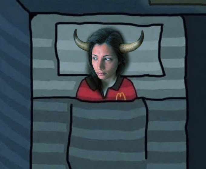 A surreal digital illustration of a horned woman in a red shirt with a McDonald's logo, lying on a pillow in bed.