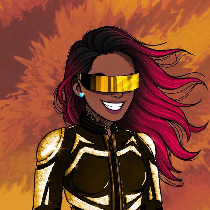 An illustrated portrait shows a smiling woman with magenta hair wearing a gold visor and a black and gold futuristic outfit against a fiery orange background.