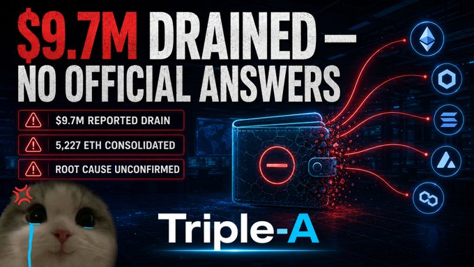 A thumbnail graphic titled '$9.7M DRAINED — NO OFFICIAL ANSWERS' regarding a wallet, listing details like '$9.7M REPORTED DRAIN', '5,227 ETH CONSOLIDATED', and 'ROOT CAUSE UNCONFIRMED', featuring a crying cat meme and the 'Triple-A' logo alongside Ethereum and other crypto icons.
