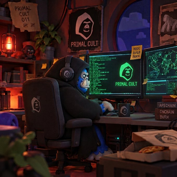An animated scene shows a blue gorilla character wearing headphones and a 'Primal Cult' hoodie coding at a desk with dual monitors displaying code and a world map.