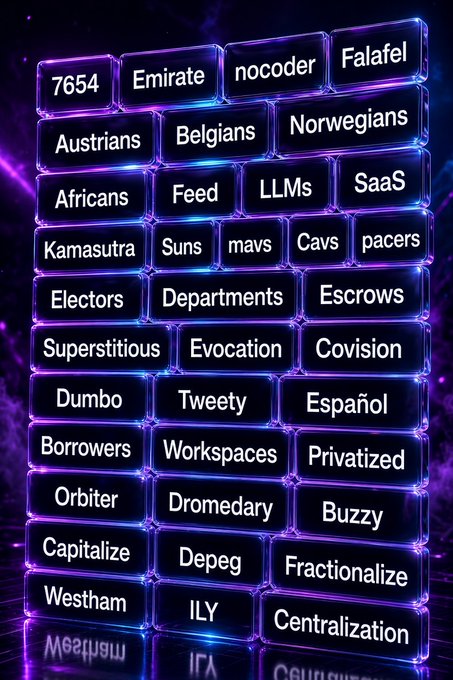 A glowing purple neon display featuring a grid of various words including 'Emirate', 'Falafel', 'Africans', 'LLMs', 'Kamasutra', and 'Escrows'.