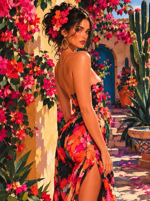 A vibrant painted illustration of a woman with dark hair adorned with red and pink flowers, wearing a colorful floral dress and standing in a Mediterranean-style courtyard surrounded by bougainvillea and cacti.