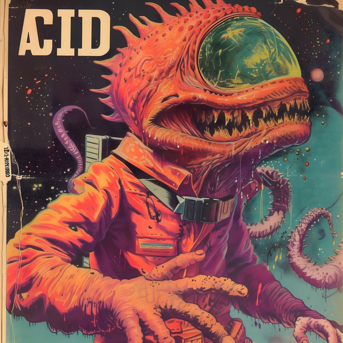 A stylized illustration shows a red, monstrous creature in a space suit with a glass helmet, accompanied by the text 'ACID' in the upper left corner.