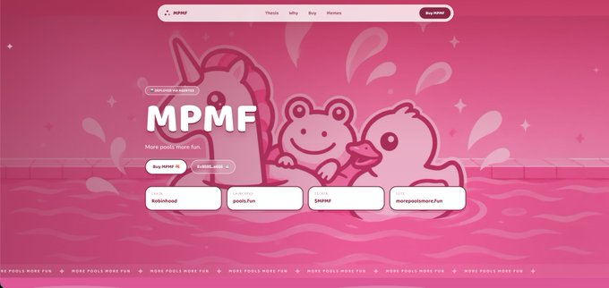 A pink-themed website landing page for 'MPMF' featuring cartoon characters splashing in water, with navigation links and call-to-action buttons for buying 'Mfer' and 'Bottlecap' items.