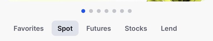 A navigation menu showing tabs for Favorites, Spot (selected), Futures, Stocks, and Lend, with pagination dots indicating multiple slides.