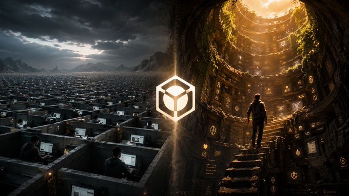 A dark, atmospheric AI-generated split image showing a dystopian cubicle cityscape of people working on computers on the left, contrasted with a figure climbing glowing golden stairs toward a light on the right.