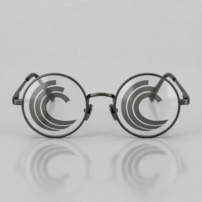 Round black-framed eyeglasses with concentric circle designs etched into both lenses rest on a reflective white surface.