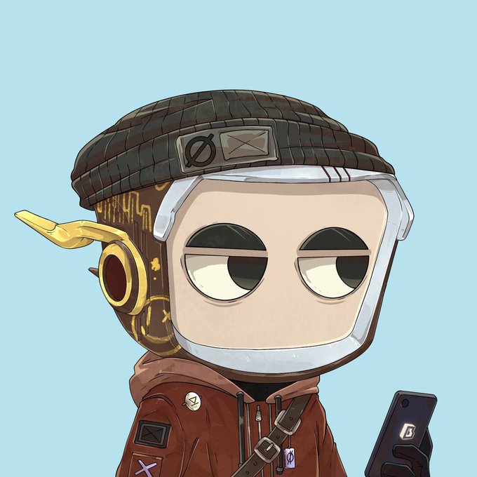 A cartoon robot/cyborg character wearing a beanie and brown jacket, holding a phone, with steampunk-inspired details.