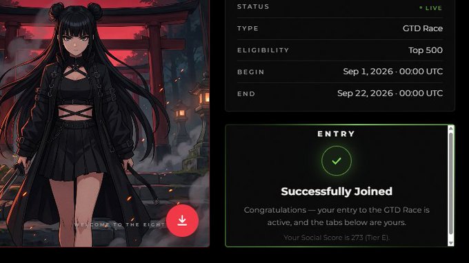 An anime-style graphic features a dark-haired female character alongside event details: "STATUS LIVE", "TYPE GTD Race", "ELIGIBILITY Top 500", "BEGIN Sep 1, 2026 - 00:00 UTC", "END Sep 22, 2026 - 00:00 UTC", and an "ENTRY Successfully Joined" confirmation box stating "Your Social Score is 273 (Tier E).".