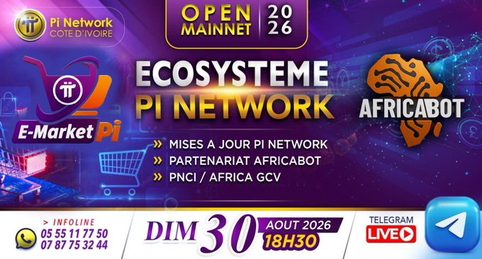 A vibrant promotional banner for "Formation Open Mainnet 2026" announcing a Sunday, August 30, 2026 event at 18H30 focused on the Pi Network ecosystem, including updates on Protocol V27, Pi App Studio payments, and partnerships with PNCI/Africa GCV and Africabot. Contact numbers (05 55 11 77 50 / 07 87 75 32 44) and a Telegram Live link are provided, directly corresponding to the post's outlined training topics.