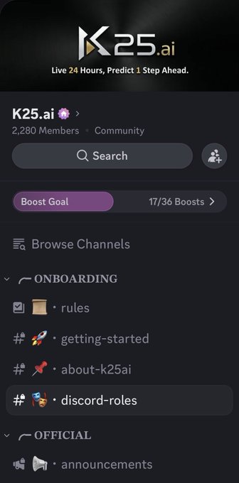 A Discord server interface for 'K25.ai' with the tagline 'Live 24 Hours, Predict 1 Step Ahead,' showing 2,280 Members and channels like #rules, #getting-started, and #about-k25ai under an ONBOARDING category.