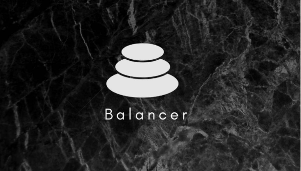 A white logo consisting of stacked stone-like ovals with the word 'Balancer' below it, set against a black marble-textured background.