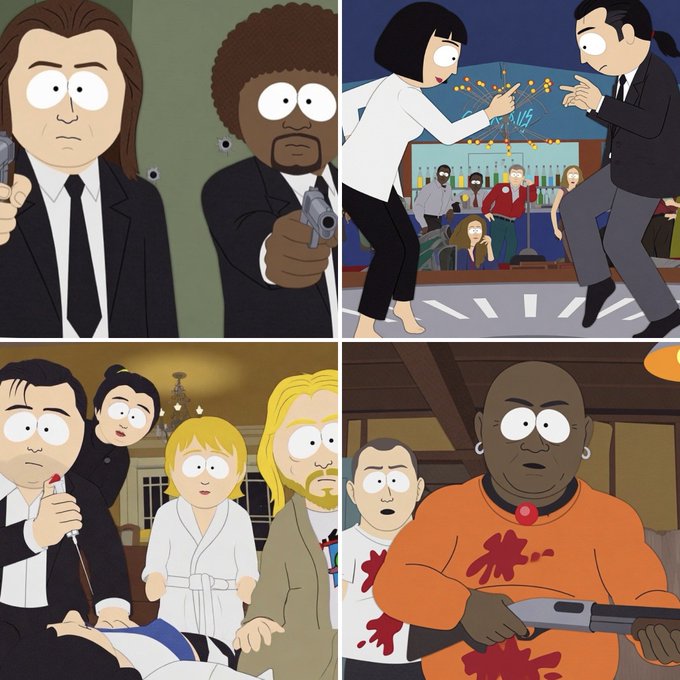 This image is a collage of four scenes from the animated series *South Park*, depicting various characters in dramatic or comedic situations, including gunfights, bar confrontations, and tense gatherings.